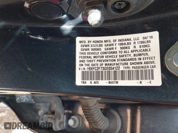 2016 Honda Civic Sedan EX with VIN 19XFC2F73GE054122, listed as a IAAI auction lot 41616952 with 70,406 mi miles. Bid and sale history available at carsss.com. Image 9.
