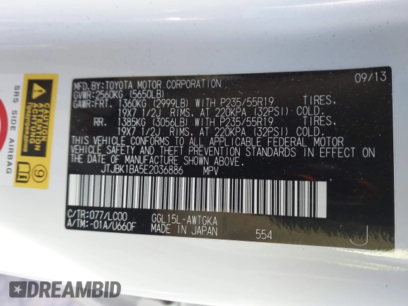 2014 Lexus RX 350 with VIN JTJBK1BA5E2036886, listed as a IAAI auction lot 41645848 with 36,558 mi miles and . Bid and sale history available at DreamBid. Image 9.