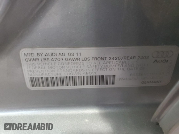 2011 Audi A4 Premium with VIN WAUAFAFLXBN046433, listed as a Copart auction lot 57115635 with 130,828 mi miles and Salvage title. Bid and sale history available at DreamBid. Image 12.