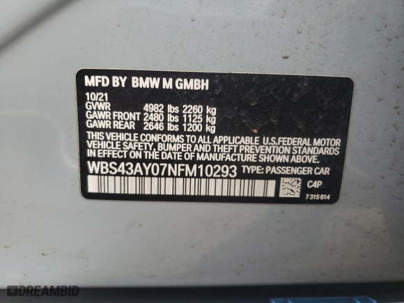 2022 BMW M3 Competition xDrive with VIN WBS43AY07NFM10293, listed as a Copart auction lot 71593734 with 0 mi miles and Salvage Title. Bid and sale history available at carsss.com. Image 13.