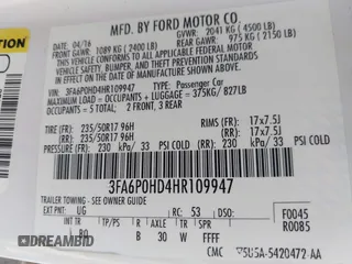 2017 Ford Fusion SE with VIN 3FA6P0HD4HR109947, listed as a IAAI auction lot 42288820 with 103,218 mi miles and . Bid and sale history available at DreamBid. Image 9.