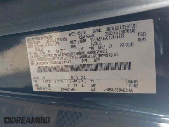 2016 Ford Transit XL with VIN 1FMZK1CM3GKB31942, listed as a IAAI auction lot 42597336 with 122,167 mi miles and . Bid and sale history available at DreamBid. Image 9.