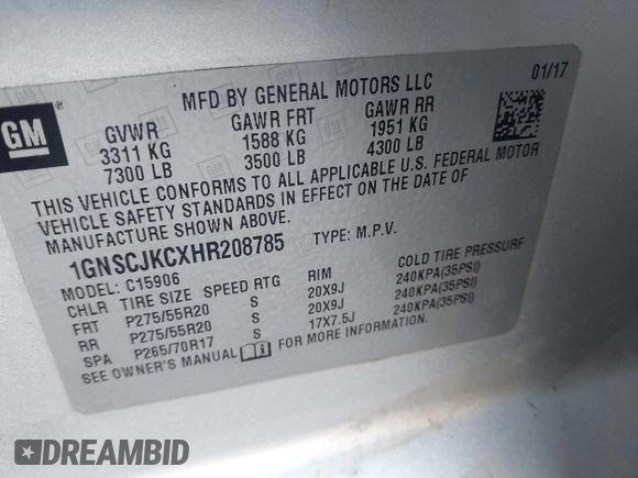 2017 Chevrolet Suburban Premier z VIN 1GNSCJKCXHR208785, wystawiony jako IAAI lot #42166963 z przebiegiem 227 249 mil mil oraz . Historia ofert i sprzedaży dostępna na DreamBid. Obrazek 9.