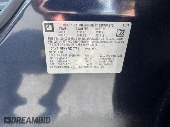 2015 GMC Terrain SLE with VIN 2GKFLVEKXF6207511, listed as a Copart auction lot 65174625 with 147,804 mi miles and Clean title. Bid and sale history available at DreamBid. Image 11.