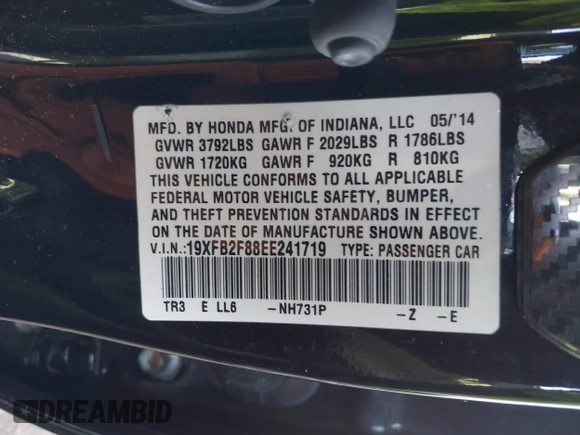 2014 Honda Civic EX with VIN 19XFB2F88EE241719, listed as a IAAI auction lot 41649407 with 153,966 mi miles. Bid and sale history available at carsss.com. Image 9.
