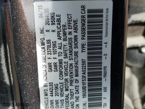 2015 Acura TLX Tech with VIN 19UUB1F53FA022597, listed as a Copart auction lot 43920465 with 0 mi miles and Salvage Title. Bid and sale history available at carsss.com. Image 13.