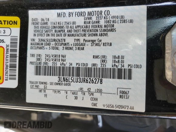 2018 Lincoln MKZ Hybrid Select with VIN 3LN6L5LU3JR626278, listed as a Copart auction lot 47311715 with 111,818 mi miles and Salvage title. Bid and sale history available at DreamBid. Image 13.