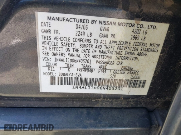 2006 Nissan Altima 2.5 with VIN 1N4AL11D06N405201, listed as a IAAI auction lot 41817603 with 160,179 mi miles. Bid and sale history available at carsss.com. Image 9.