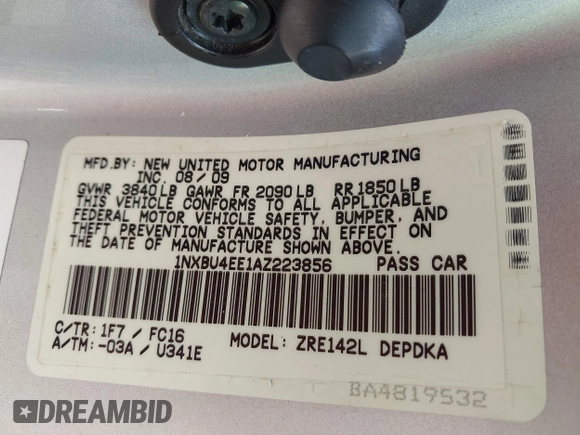 2010 Toyota Corolla with VIN 1NXBU4EE1AZ223856, listed as a IAAI auction lot 42432518 with 107,511 mi miles and . Bid and sale history available at DreamBid. Image 9.