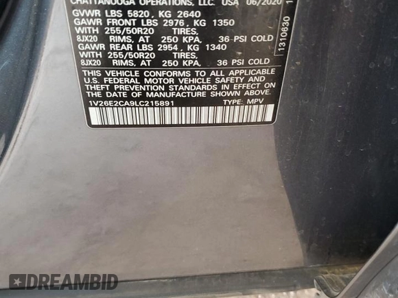 2020 Volkswagen Atlas SE with VIN 1V26E2CA9LC215891, listed as a Copart auction lot 60574035 with 93,744 mi miles and Salvage title. Bid and sale history available at DreamBid. Image 12.