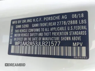 2018 Porsche Macan with VIN WP1AA2A53JLB21577, listed as a IAAI auction lot 41655044 with 51,923 mi miles. Bid and sale history available at carsss.com. Image 9.