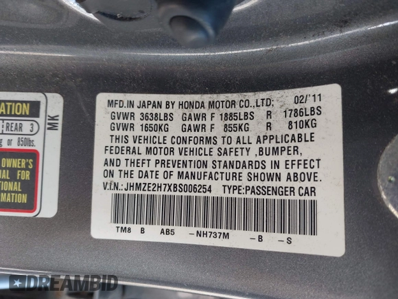 2011 Honda Insight EX with VIN JHMZE2H7XBS006254, listed as a IAAI auction lot 42222213 with 244,078 mi miles and . Bid and sale history available at DreamBid. Image 9.