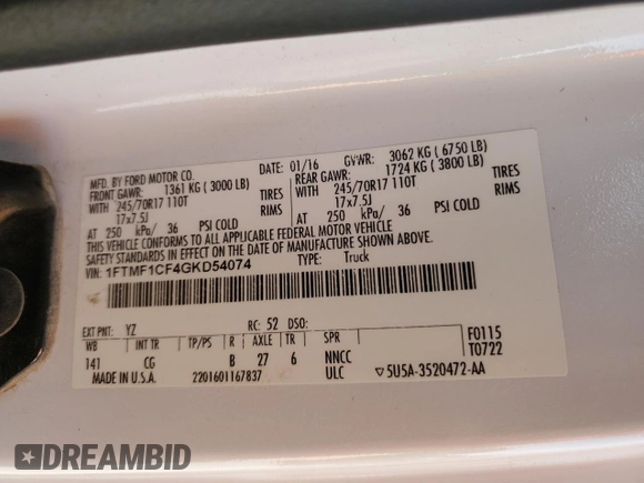 2016 Ford F-150 XL with VIN 1FTMF1CF4GKD54074, listed as a Copart auction lot 47224205 with 97,379 mi miles and Salvage Title. Bid and sale history available at carsss.com. Image 12.