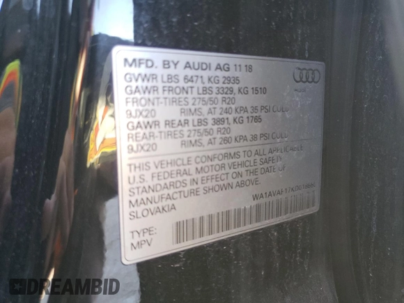 2019 Audi Q8 Premium z VIN WA1AVAF17KD018660, wystawiony jako Copart lot #47264715 z przebiegiem Nie podano mil oraz Szkoda całkowita • Salvage title. Historia ofert i sprzedaży dostępna na DreamBid. Obrazek 14.