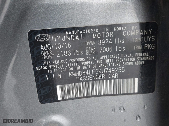 2019 Hyundai Elantra Preferred with VIN KMHD84LF5KU749255, listed as a IAAI auction lot 41712929 with 58,579 mi miles. Bid and sale history available at carsss.com. Image 9.