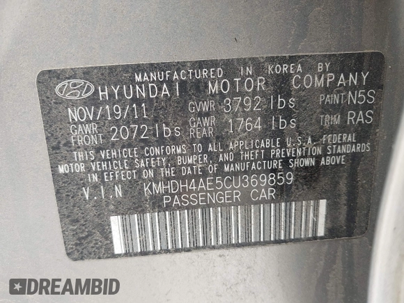 2012 Hyundai Elantra Limited with VIN KMHDH4AE5CU369859, listed as a IAAI auction lot 42095240 with 174,486 mi miles. Bid and sale history available at carsss.com. Image 9.