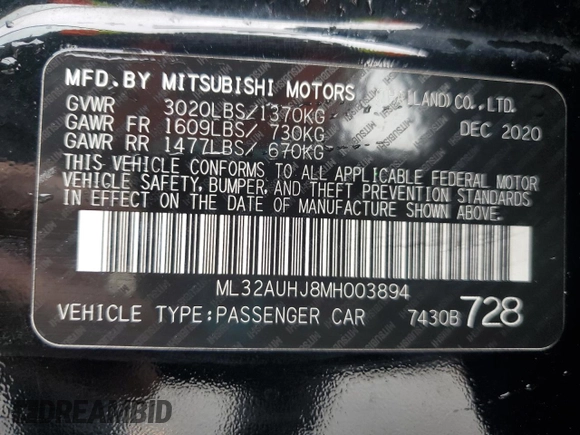 2021 Mitsubishi Mirage ES с VIN ML32AUHJ8MH003894, выставлен на аукционе Copart как лот 51445285 с пробегом 57 986 миль миль и Списание • Salvage title. История ставок и продаж доступна на DreamBid. Изображение 12.