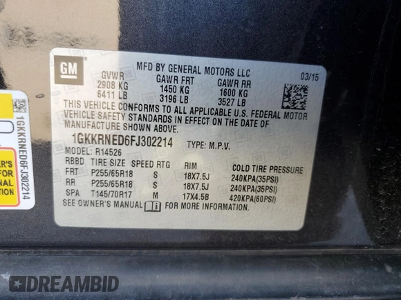 2015 GMC Acadia SLE with VIN 1GKKRNED6FJ302214, listed as a Copart auction lot 49925385 with 136,416 mi miles and Salvage Title. Bid and sale history available at DreamBid. Image 13.