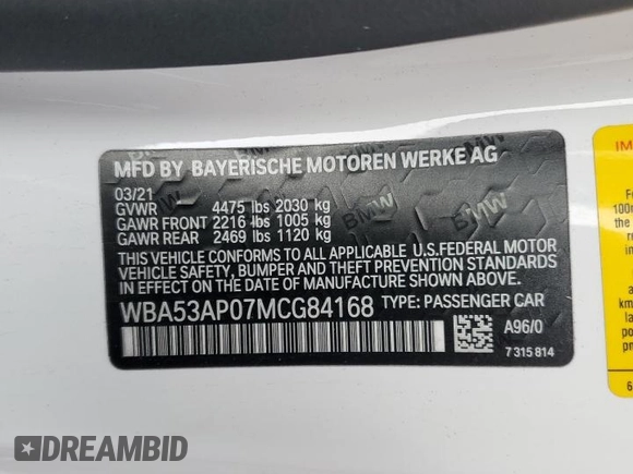 2021 BMW 4 Series 430i with VIN WBA53AP07MCG84168, listed as a Copart auction lot 86926464 with 17,145 mi miles and Salvage Title. Bid and sale history available at DreamBid. Image 12.