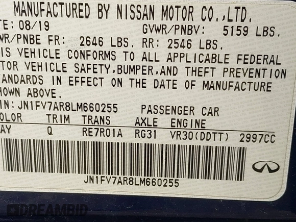 2020 Infiniti Q50 Red Sport 400 with VIN JN1FV7AR8LM660255, listed as a IAAI auction lot 41692654 with 64,773 mi miles and . Bid and sale history available at carsss.com. Image 9.