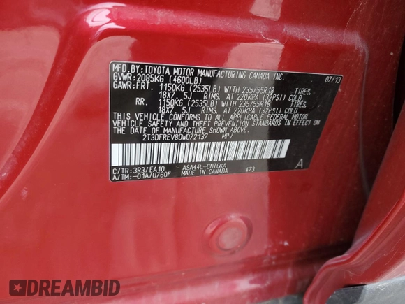 2013 Toyota RAV4 Limited with VIN 2T3DFREV8DW072137, listed as a Copart auction lot 47448335 with 80,019 mi miles and Salvage Title. Bid and sale history available at carsss.com. Image 13.