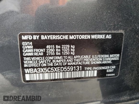 2014 BMW 3 Series 328i Gran Turismo xDrive with VIN WBA3X5C5XED559131, listed as a Copart auction lot 51687465 with Not provided miles and Salvage title. Bid and sale history available at DreamBid. Image 12.