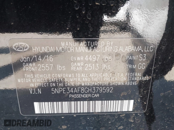 2016 Hyundai Sonata Sport with VIN 5NPE34AF8GH379592, listed as a IAAI auction lot 41964780 with 117,907 mi miles and . Bid and sale history available at DreamBid. Image 9.