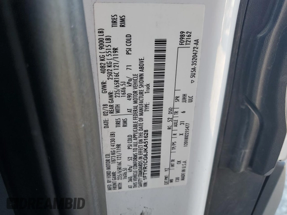 2018 Ford Transit z VIN 1FTYR1CG6JKA51628, wystawiony jako Copart lot #81991464 z przebiegiem 189 409 mil mil oraz Szkoda całkowita • Salvage title. Historia ofert i sprzedaży dostępna na DreamBid. Obrazek 15.