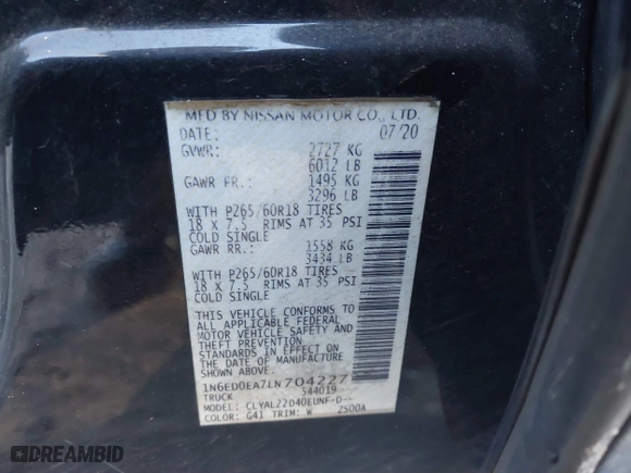 2020 Nissan Frontier SV with VIN 1N6ED0EA7LN704227, listed as a IAAI auction lot 41684175 with 1 mi miles. Bid and sale history available at carsss.com. Image 9.