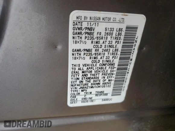2012 Nissan Murano S with VIN JN8AZ1MU1CW105102, listed as a Copart auction lot 52604415 with 132,161 mi miles and Salvage title. Bid and sale history available at DreamBid. Image 13.