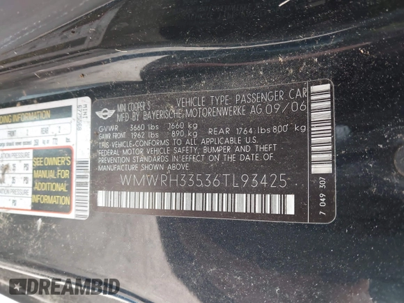 2006 MINI Convertible S с VIN WMWRH33536TL93425, выставлен на аукционе IAAI как лот 41950272 с пробегом Не указан миль и . История ставок и продаж доступна на DreamBid. Изображение 9.