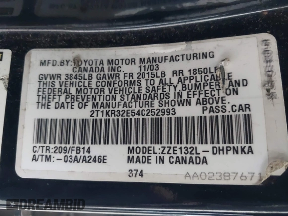 2004 Toyota Matrix Std with VIN 2T1KR32E54C252993, listed as a IAAI auction lot 41703135 with 291,886 mi miles. Bid and sale history available at carsss.com. Image 9.