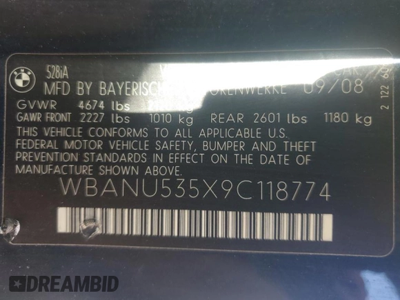 2009 BMW 5 Series 528i with VIN WBANU535X9C118774, listed as a Copart auction lot 85287694 with 200,607 mi miles and Salvage Title. Bid and sale history available at carsss.com. Image 12.