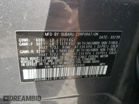 2020 Subaru Ascent Limited with VIN 4S4WMALD4L3460960, listed as a Copart auction lot 47376035 with Not provided miles and Salvage title. Bid and sale history available at DreamBid. Image 13.