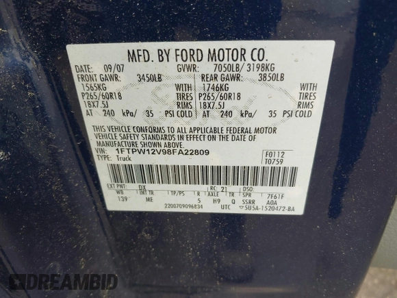 2008 Ford F-150 XLT с VIN 1FTPW12V98FA22809, выставлен на аукционе IAAI как лот 42133613 с пробегом 267 326 миль миль и . История ставок и продаж доступна на DreamBid. Изображение 9.