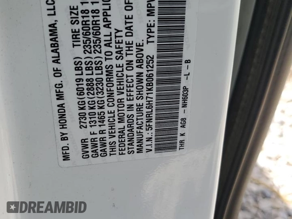 2019 Honda Odyssey EX-L z VIN 5FNRL6H71KB061252, wystawiony jako Copart lot #56358015 z przebiegiem 75 556 mil mil oraz Szkoda całkowita • Salvage title. Historia ofert i sprzedaży dostępna na DreamBid. Obrazek 14.