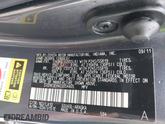 2012 Toyota Highlander Limited with VIN 5TDYK3EH4CS054805, listed as a IAAI auction lot 42082094 with 158,016 mi miles and . Bid and sale history available at DreamBid. Image 9.
