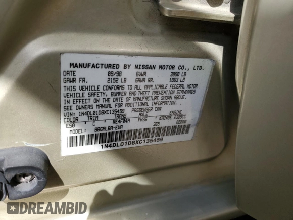 1999 Nissan Altima XE with VIN 1N4DL01D8XC135459, listed as a Copart auction lot 50218145 with 108,466 mi miles and Salvage Title. Bid and sale history available at carsss.com. Image 14.