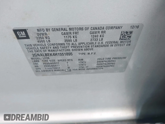2017 Chevrolet Equinox LS with VIN 2GNALBEK4H1551895, listed as a IAAI auction lot 42030136 with 182,423 mi miles and . Bid and sale history available at carsss.com. Image 9.