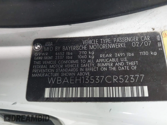 2007 BMW 6 Series 650i z VIN WBAEH13537CR52377, wystawiony jako IAAI lot #42156266 z przebiegiem 139 475 mil mil oraz . Historia ofert i sprzedaży dostępna na DreamBid. Obrazek 9.