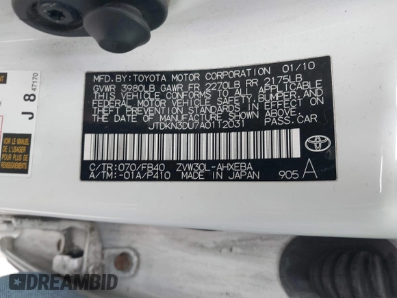 2010 Toyota Prius II with VIN JTDKN3DU7A0112031, listed as a IAAI auction lot 42013151 with 1 mi miles. Bid and sale history available at carsss.com. Image 8.