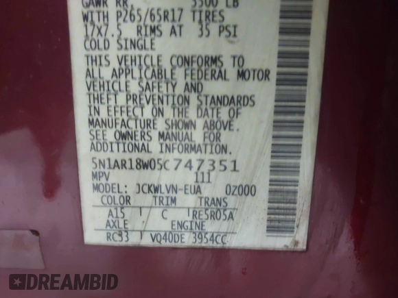 2005 Nissan Pathfinder SE с VIN 5N1AR18W05C747351, выставлен на аукционе IAAI как лот 42384548 с пробегом 138 122 миль миль и . История ставок и продаж доступна на DreamBid. Изображение 9.