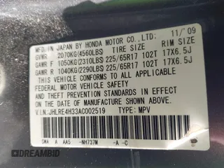 2010 Honda CR-V LX with VIN JHLRE4H33AC002519, listed as a IAAI auction lot 42577053 with 290,435 mi miles and . Bid and sale history available at DreamBid. Image 9.