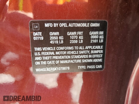2019 Buick Regal Preferred with VIN W04GL6SX6K1078678, listed as a Copart auction lot 54528055 with 74,329 mi miles and Salvage title. Bid and sale history available at DreamBid. Image 12.