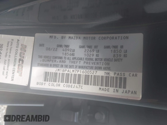 2023 Mazda 3 S Preferred with VIN JM1BPALM7P1600527, listed as a IAAI auction lot 42442039 with 58,232 mi miles and . Bid and sale history available at DreamBid. Image 9.