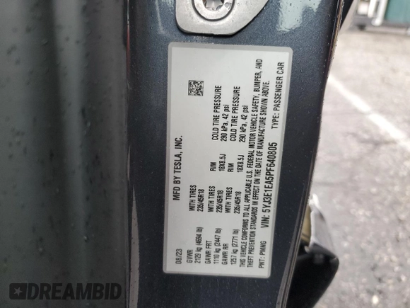 2023 Tesla Model 3 with VIN 5YJ3E1EA5PF640805, listed as a Copart auction lot 48389265 with 28,193 mi miles and Salvage title. Bid and sale history available at DreamBid. Image 14.