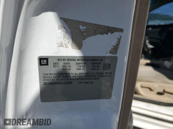 2011 Chevrolet Impala with VIN 2G1WG5EK9B1247689, listed as a Copart auction lot 51959515 with 201,400 mi miles and Salvage Title. Bid and sale history available at DreamBid. Image 12.