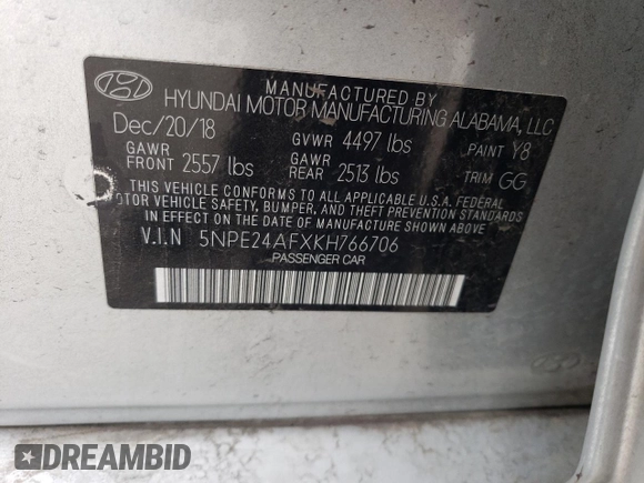2019 Hyundai Sonata SE with VIN 5NPE24AFXKH766706, listed as a Copart auction lot 51182525 with 86,670 mi miles and Salvage Title. Bid and sale history available at carsss.com. Image 12.