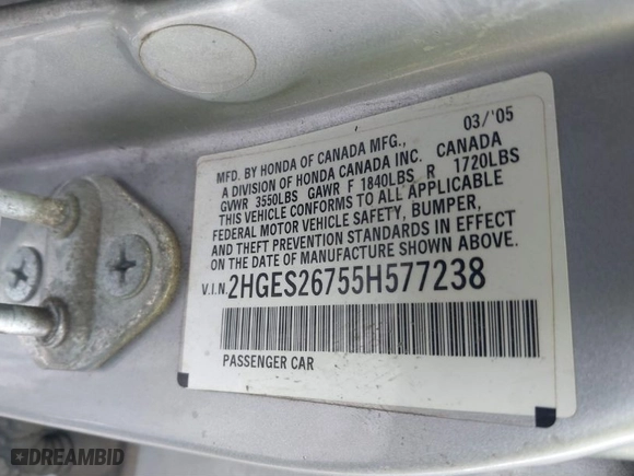 2005 Honda Civic Sdn EX with VIN 2HGES26755H577238, listed as a IAAI auction lot 41371067 with 285,615 mi miles. Bid and sale history available at carsss.com. Image 9.