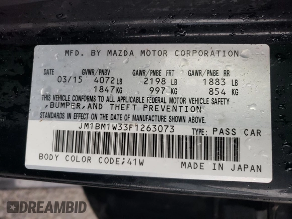 2015 Mazda 3 S Grand Touring with VIN JM1BM1W33F1263073, listed as a Copart auction lot 87162974 with 111,906 mi miles and Salvage Title. Bid and sale history available at DreamBid. Image 12.